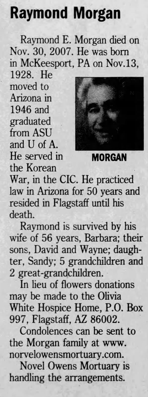 Obituary for Raymond E. Morgan, 1928-2007